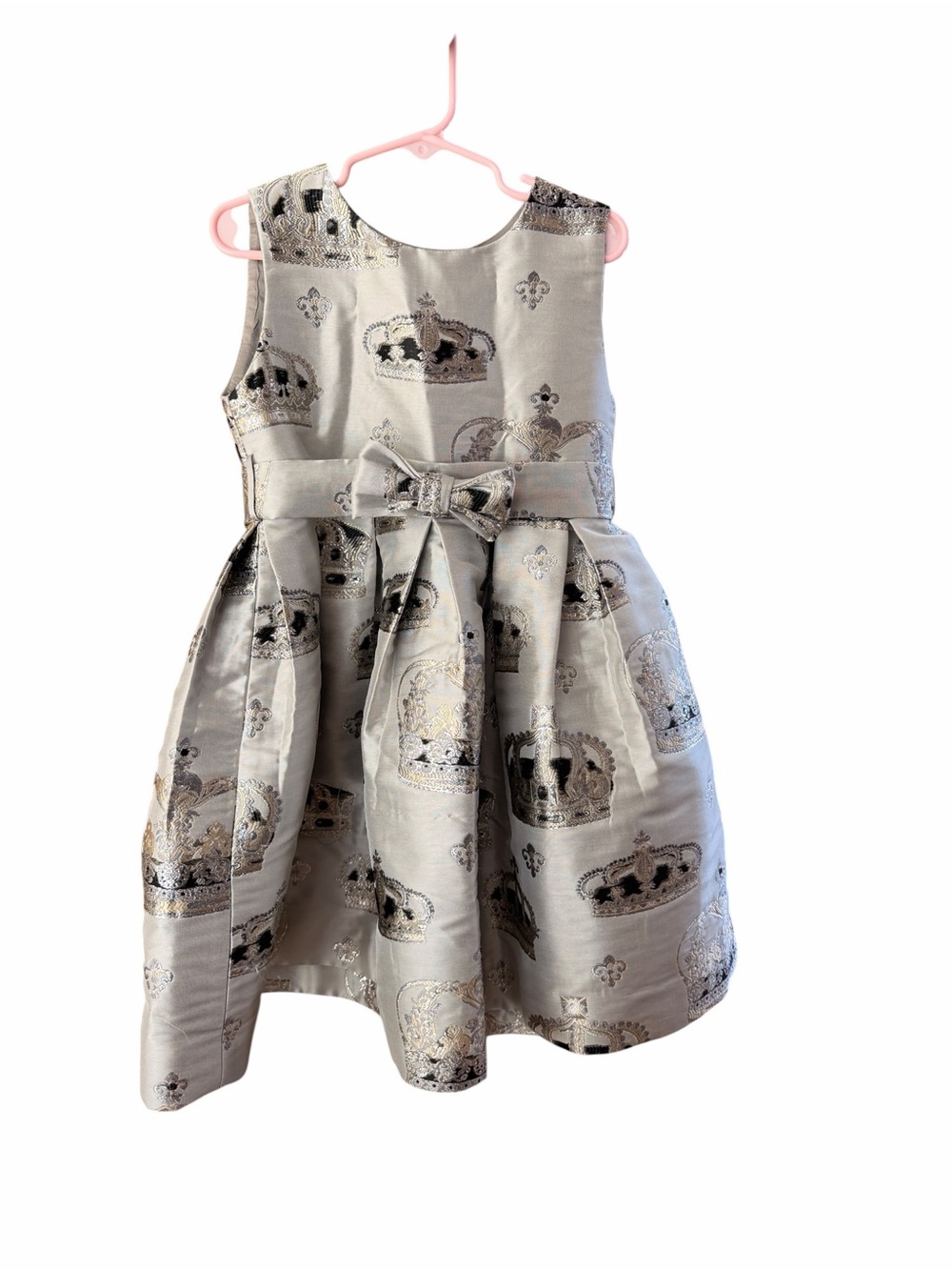Rachel Riley Silver Crown Jacquard Party Dress with Waist Bow